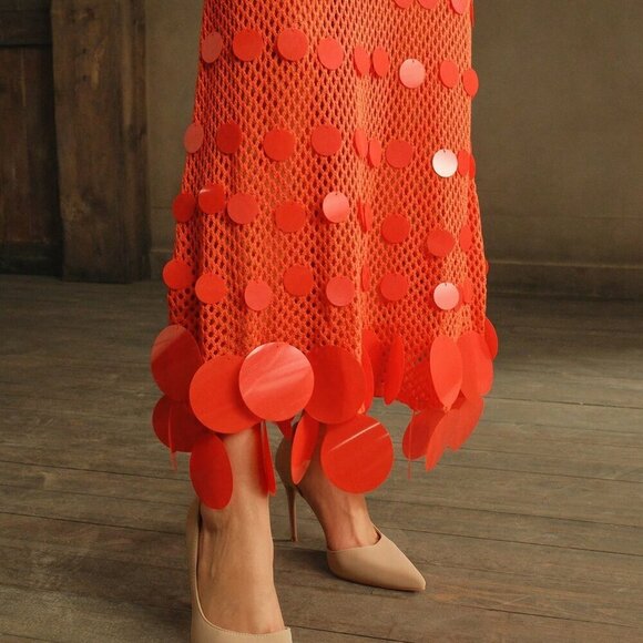 Orange Elegant Women's Sequined Crochet Long-Sleeve Dress - Picture 2 of 8